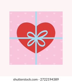 Ilustración vectorial de la caja de regalo de San Valentín con la etiqueta del corazón y el papel de embalaje rosado. Lindo diseño dibujado a mano para el embalaje, pegatinas, tarjetas e invitaciones.