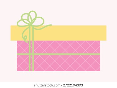 Valentine ilustração vetor caixa de presente com base padrão rosa, tampa amarela e fita verde. Design bonito desenhado à mão para embalagens, adesivos, etiquetas e cartões de felicitações.