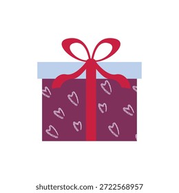 Ilustración vectorial de caja de regalo de San Valentín con patrón de corazón, lazo de cinta y colores púrpuras. Lindo diseño dibujado a mano para el embalaje, tarjetas de felicitación y pegatinas.