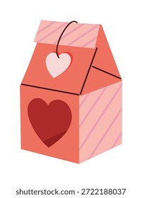 Ilustración de embalaje de Vector de caja de regalo de San Valentín con recorte de corazón, patrón de rayas rosadas y solapa superior. Lindo diseño romántico para cajas, etiquetas y maquetas.