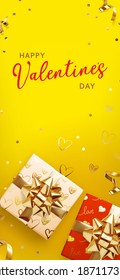Valentine gift boxes on yellow background, great design for any purposes. Greeting card, banner, poster. Vector illustration banner, card, postcard. 3d realistic vector background.