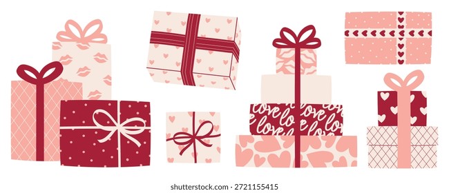 Valentine Caixas de presente conjunto com fitas, corações e desenhos românticos