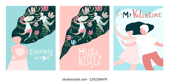 Valentine Gift Cards Romantic Vintage Set. Girl in love, flowers man and woman in love collection.