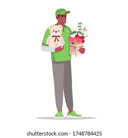 Valentine gift delivery semi flat RGB color vector illustration. Send plush bear and flower bouquet. Male african courier in green uniform isolated cartoon character on white background