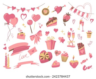 Valentine gift. Heart frame, hand drawn stickers, art ribbon and garland, love party decor, chocolate happy cake, celebration cute champagne, candy holiday, pink letter. Vector spring holiday set