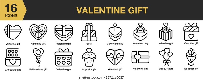 Valentine Gift icon set. Includes Box, Day, Delivery, Gift, Love, Surprize, Valentine, Valentines, and More. Outline icons vector collection.