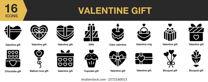 Valentine Gift solid icon set. Includes Box, Day, Delivery, Gift, Love, Surprize, Valentine, Valentines, and More. Solid icons vector collection.