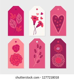 Valentine Gift Tags with leaves, flower, heart, roses, daisy in Pink, Orange, Bordo and White. Perfect for wedding