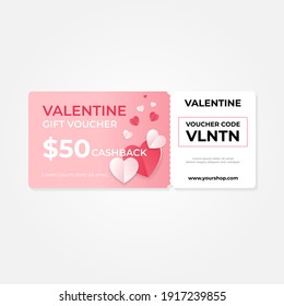 Valentine Gift Voucher Card 50% Cashback Template Design With Coupon Code Promotion Text Vector Illustration