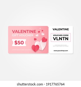 Valentine gift voucher card 50% cashback template design with coupon code promotion text vector illustration