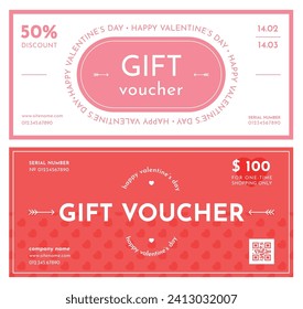 vale de regalo de San Valentín. Plantillas de volantes románticos, vacaciones de amor, cupones y certificados de descuento rosa y rojo, bono de recompensa del cliente, banderas de vector de descuento de compras horizontales