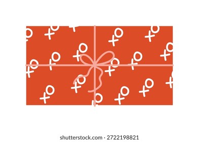 Fondo de Vector de regalo de San Valentín con patrón de símbolos y lazo de cinta en papel naranja. Diseño moderno dibujado a mano para papel de embalaje, embalaje y tarjetas.
