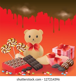 Valentine gifts and sweet candy dessert such as chocolate bar, teddy bear, lollipop, and other present for love couple collection set in red with melting chocolate background, create by vector