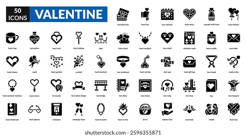 Valentine glyph icon set collection. Love letter, couple, cupid, love, heart, romance, gift, date, flower, chocolate, hug, wedding, ring, arrow, red, passion, celebration, card
