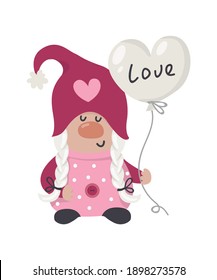 Valentine gnome with a balloon. Vector digital illustration for St. Valentine's Day gift, card, print, decoration, T-shirt, mug and other