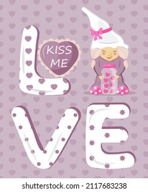 Valentine gnome concept vector. Cute cartoon elf helding in hands valentine day heart card, pink, balloon. Funny, sweet dwarf 