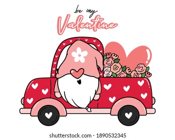 Valentine Gnome in Flower and heart red truck car, Be my Valentine, cute cartoon flat vector clip art idea for Valentine card, printable stuff