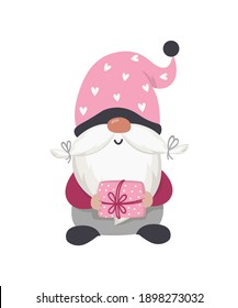 Valentine gnome with a gift in hand. Vector digital illustration for St. Valentine's Day gift, card, print, decoration, T-shirt, mug and other