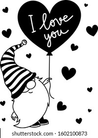 Valentine gnome with a heart-shaped balloon with the lettering I love you. Vector outline hand drawn digital illustration for St. Valentine's Day gift, card, print, decoration, t-shirt, mug and other