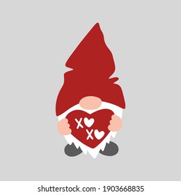 Valentine gnome isolated on white background. Valentine's day holiday vector illustration. Cute cartoon gnome with heart XoXo. Template for greeting card, clipart, sticker, poster.