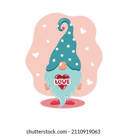 Valentine Gnome with love heart. Vector illustration. Cute elf  in flat style. Cartoon character. Design for holidays decoration, greeting card, gift tag, t-shirt print. St.Valentine's day theme