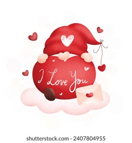 Valentine Gnome und Liebesbrief auf rosafarbene Cloud