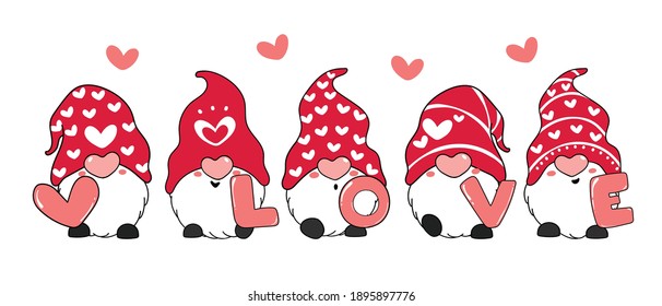 Valentine Gnome with LOVE letter, red valentine gnome cartoon vector doodle