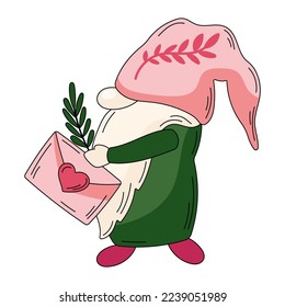 Valentine gnome with love letter vector clipart. Cartoon gnome character illustration