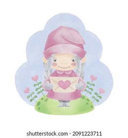Valentine Gnome with love letter watercolor vector illustration. Girl Gnomes clipart isolated on white background.