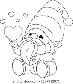 Valentine Gnome outline holding heart coloring page, Valentine's coloring page 