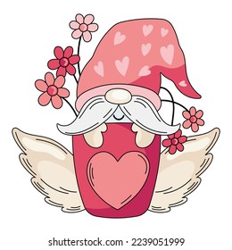 Valentine gnome in plant's pot vector clipart. Cartoon gnome character illustration