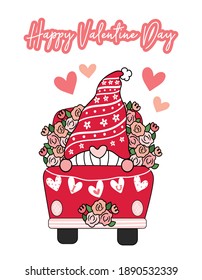 Valentine Gnome in red flower truck with heart I Love You flag, cute cartoon flat vector clip art idea for Valentine card, printable stuff