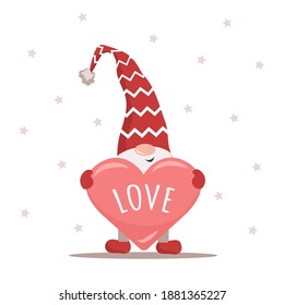 Valentine gnome in red hat holding heart. Lovely scandinavian elf. Happy Valentines Day. I love you. Cute design concept for 14 february. Vector illustration in flat cartoon style.