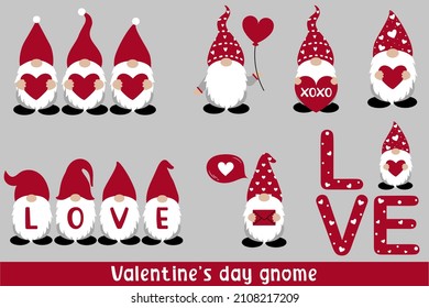 
Valentine gnome in red hats. Handsome scandinavian elf isolated on white background. Vector illustration in flat cartoon style. Set of Cute Gnome for Celebrating Valentine’s Day.