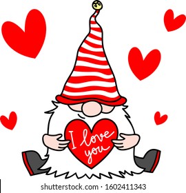 Valentine gnome with a red heart with the lettering I love you. Vector  hand drawn digital illustration for St. Valentine's Day gift, card, print, decoration, shirt, mug, sublimation design