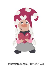 Valentine gnome with a red heart. Vector digital illustration for St. Valentine's Day gift, card, print, decoration, T-shirt, mug and other