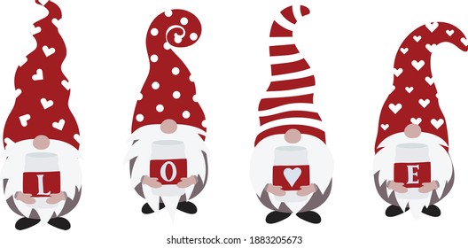 Valentine gnome Vector Illustration, Cute Valentine's Day gnomes holding love word, funny cartoon character
