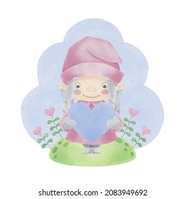 Valentine Gnome watercolor illustration. Gnome clipart. Valentine's Day Card.