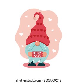 Valentine Gnome with XOXO letter. Vector illustration. Cute elf  in flat style. Cartoon character. Design for holidays decoration, greeting card, gift tag, t-shirt print. St.Valentine's day theme