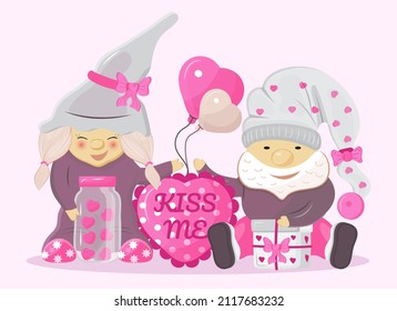 Valentine gnomes concept vector. Cute cartoon elf helding in hands valentine day heart card, pink, balloon. Funny, sweet dwarf 