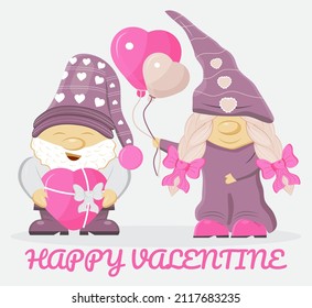 Valentine gnomes concept vector. Cute cartoon elf helding in hands valentine day heart card, pink, balloon. Funny, sweet dwarf 