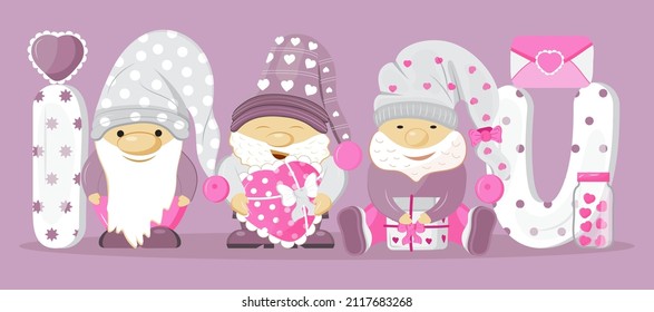 Valentine gnomes concept vector. Cute cartoon elf helding in hands valentine day heart card, pink, balloon. Funny, sweet dwarf 