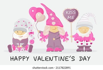 Valentine gnomes concept vector. Cute cartoon elf helding in hands valentine day heart card, pink, balloon. Funny, sweet dwarf 