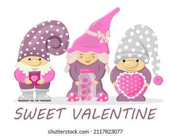 Valentine gnomes concept vector. Cute cartoon elf helding in hands valentine day heart card, pink, balloon. Funny, sweet dwarf 