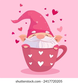 Valentine Gnomes en taza. Un personaje lindo con corazones. ilustración vectorial. Para postales, camisetas