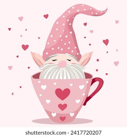 Valentine Gnomes in cup. A cute character with hearts. vector illustration. For postcards, T-shirts