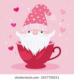 Valentine Gnomes en taza. Un personaje lindo con corazones. ilustración vectorial. Para postales, camisetas