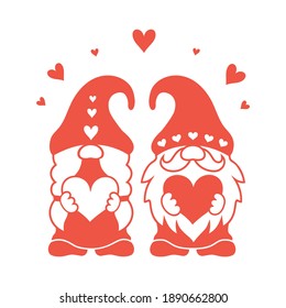 Valentine gnomes silhouette. Couple of gnomes in love hold hearts. Family of gnomes guy and girl in hat isolated on white background. Holiday characters for Valentine's Day card.