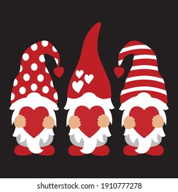 Valentine Gnomes t shirt design vector, Cute Gnomes with hearts in red hats for Valentine s day 