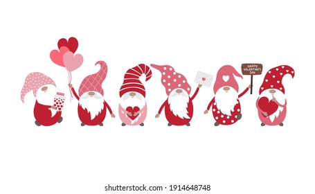 La ilustración vectorial de Valentine se aísla en un fondo blanco. Carácter gnomo lindo con globos, una carta, corazón, signo de madera.  Puede utilizarse para carteles, tarjetas de felicitación, pegatinas, etc.